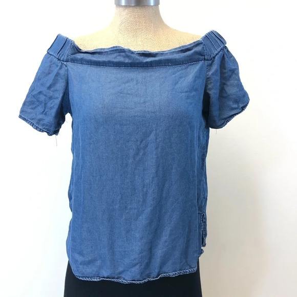 Thread & SUPPLY blue chambray off shoulder top - Picture 1 of 6